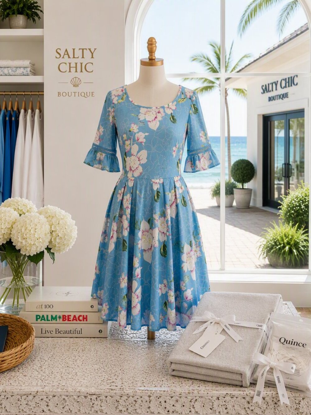 Floral Dress Pin Up Fashion a line dress Scoop Neck Swing Dress Light Blue 14W - Picture 6 of 6